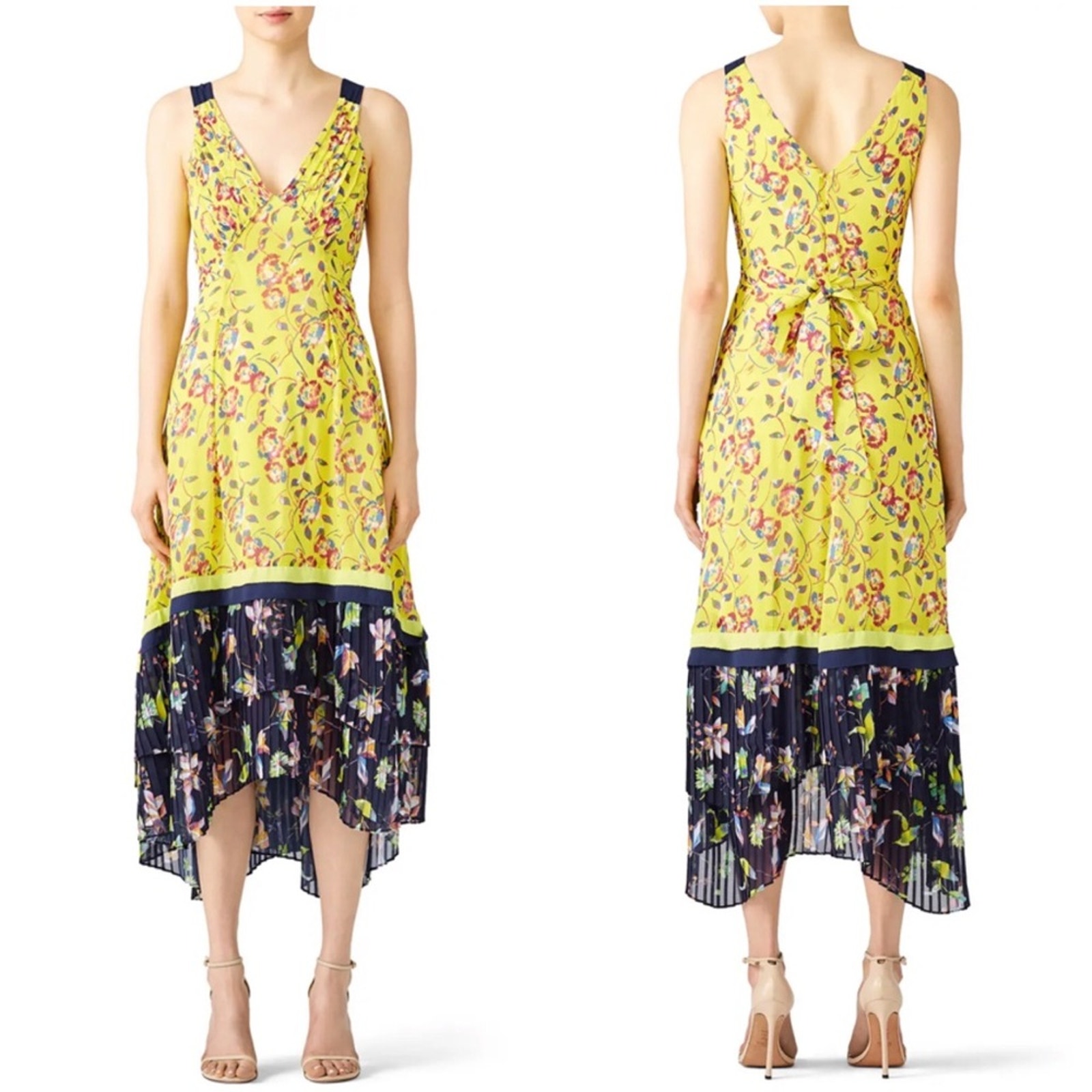 Tanya Taylor Everly Lemon Garden Silk Floral Sleeveless Midi Dress Size 8